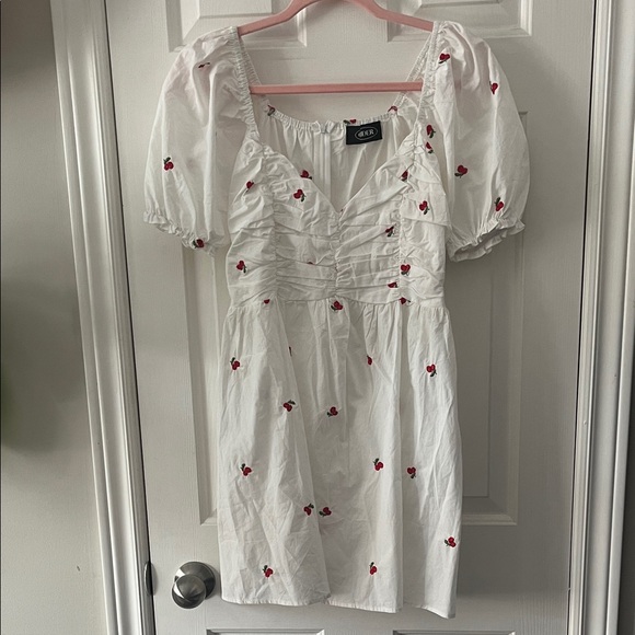 Cider Cherry Embroidery Mini Dress Women's Large Puff Sleeves Twee Cottagecore - Picture 2 of 8